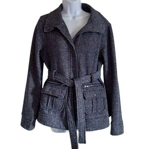 New Look Junior’s Blue Marled Belted Utility Jacket Large Pea Coat Style